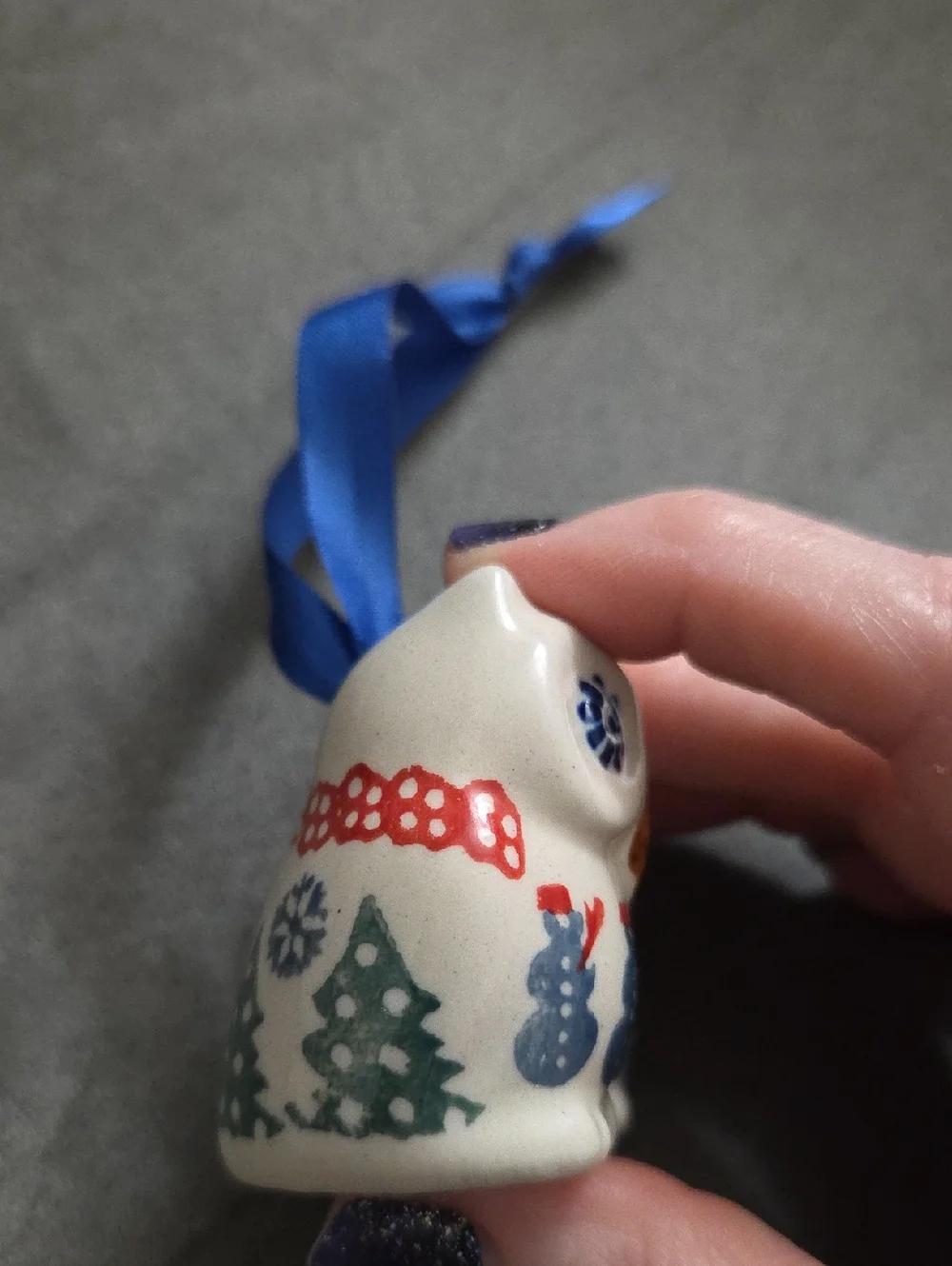 Polish Pottery Owl Holiday Ornament with Blue Ribbon - Picture 4 of 6